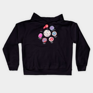 Blood cells. RBCs. WBCs, Basophil, Platelet, thrombocyte, Neutrophil, B-Lymphocyte, Monocyte, Eosinophil. Kids Hoodie